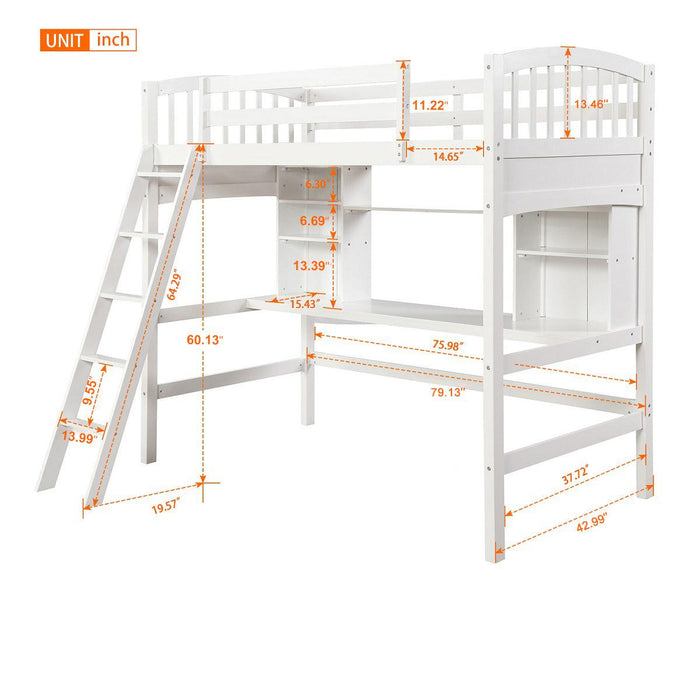 Twin size Loft Bed withStorage Shelves, Desk and Ladder, White