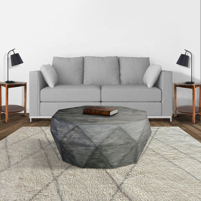 Ashton 34 Inch Handcrafted ManWood Coffee Table, Faceted Diamond Design, Drum Shape, Rustic Gray