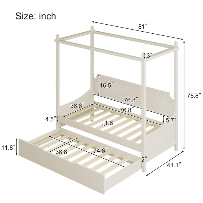 3 Pieces Bedroom Sets Milky White Solid Rubber Wood Twin Size Canopy Daybed with Trundle with Nightstand and Dresser