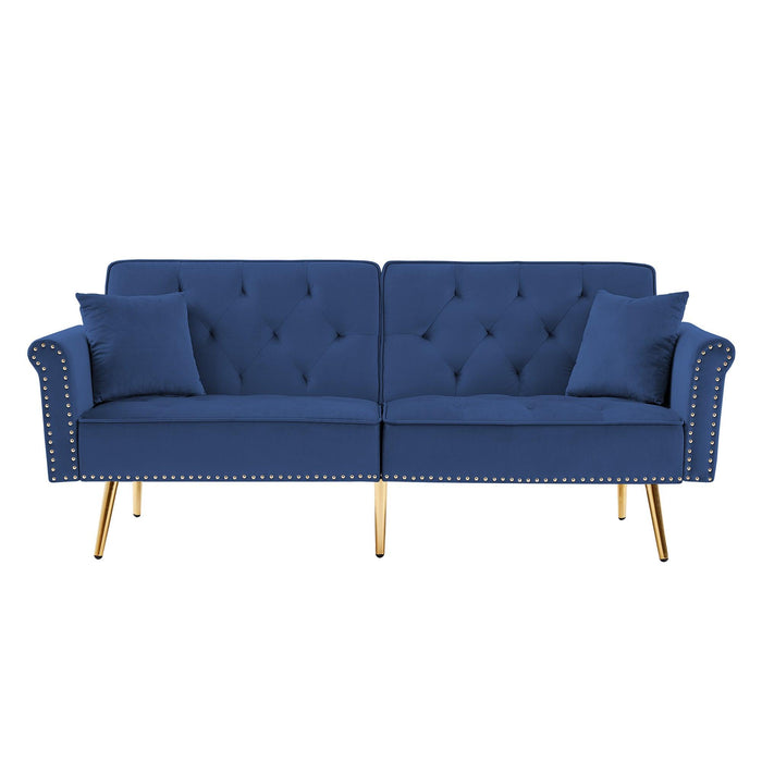 Modern Velvet Tufted Sofa Couch with 2 Pillows and Nailhead Trim, Loveseat Sofa Futon Sofa Bed with Metal Legs  for Living Room.