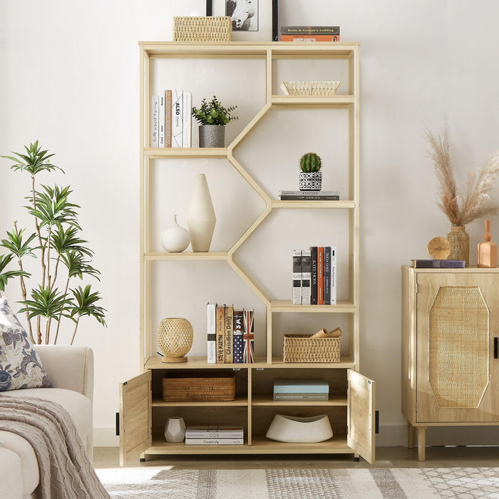 Rattan bookshelf 7 tiers BookcasesStorage Rack with cabinet for Living Room Home Office（Natural，39.4’’w x 13.8’’d x 75.6’’h）