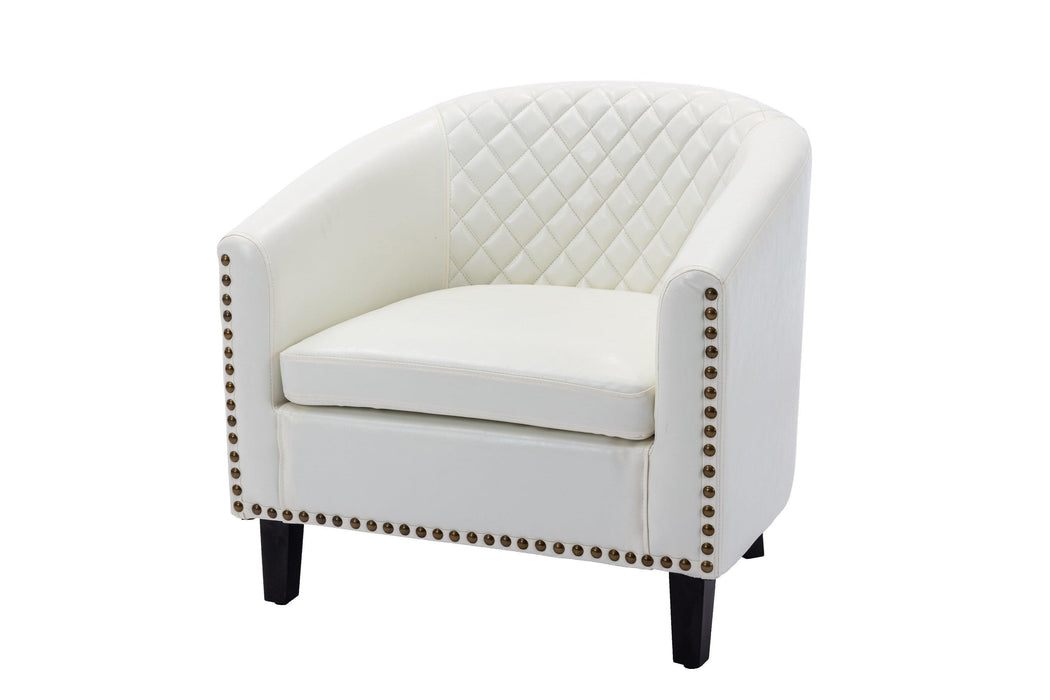 accent Barrel chair living room chair with nailheads and solid wood legs  white  pu leather