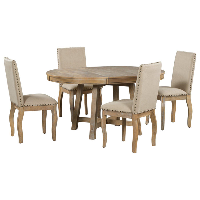 5-Piece Farmhouse Dining Table Set Wood Round Extendable Dining Table and 4 Upholstered Dining Chairs (Natural Wood Wash)