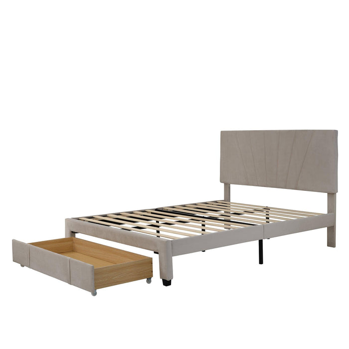 Queen SizeStorage Bed Velvet Upholstered Platform Bed with a Big Drawer - Beige