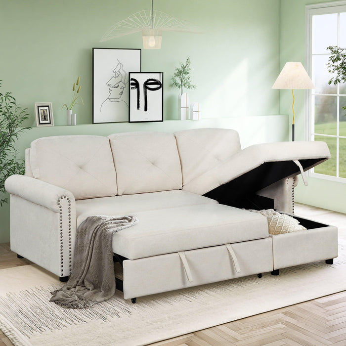 83"Modern Convertible Sleeper Sofa Bed withStorage Chaise,Beige