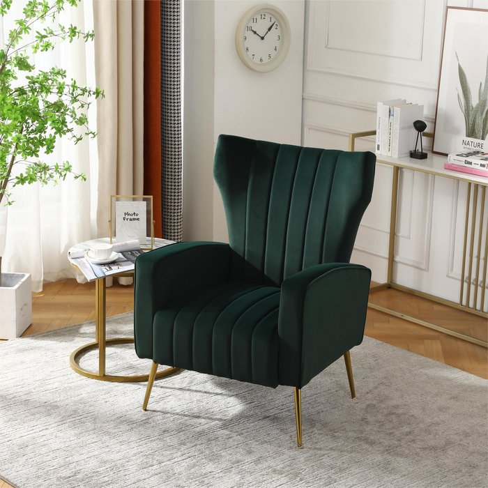 Velvet Accent Chair,Modern Living Room Armchair Comfy Upholstered Single Sofa Chair for Bedroom Dorms Reading Reception Room with Gold Legs & Small Pillow, Dark Green