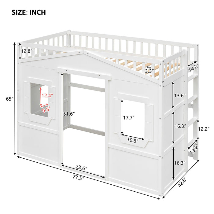 Twin Size House Loft Bed With Ladder-White