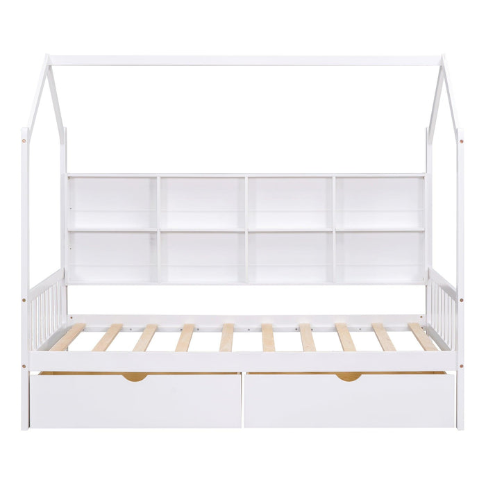 Wooden Twin Size House Bed with 2 Drawers,Kids Bed withStorage Shelf, White