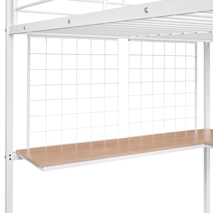 Full Metal Loft Bed with Desk and Metal Grid, White