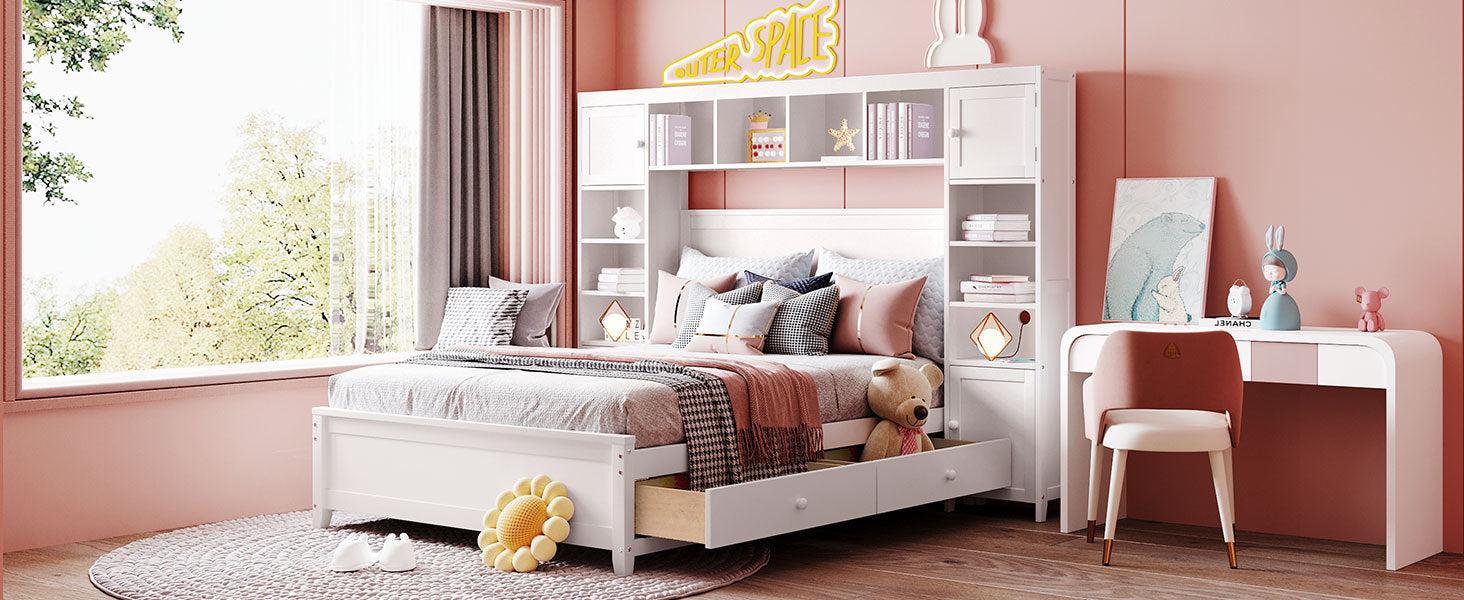 Full Size Wooden Bed With All-in-One Cabinet and Shelf, White