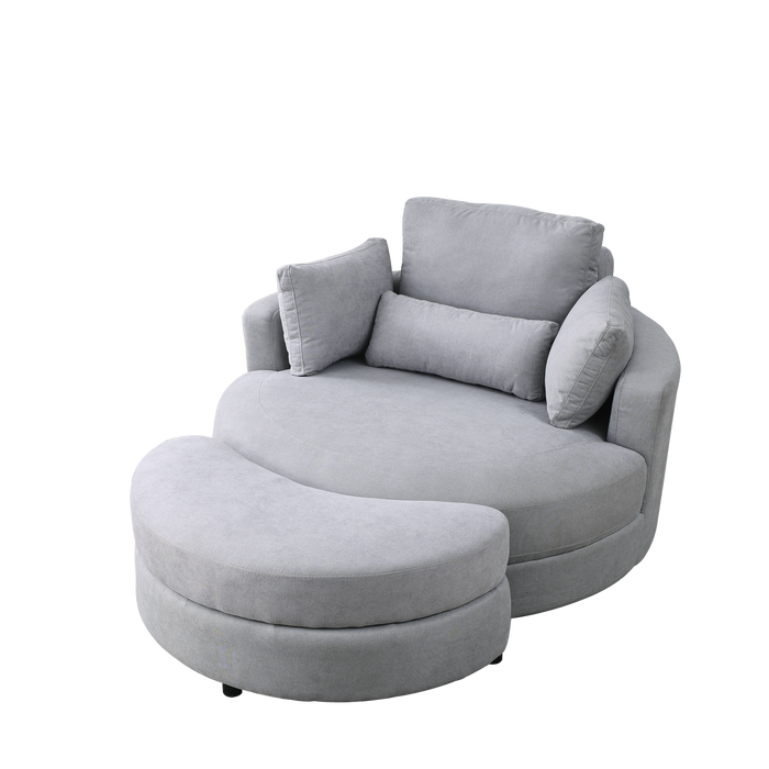 Swivel Accent BarrelModern Grey Sofa Lounge Club Big Round Chair withStorage Ottoman Linen Fabric for Living Room Hotel with Pillows