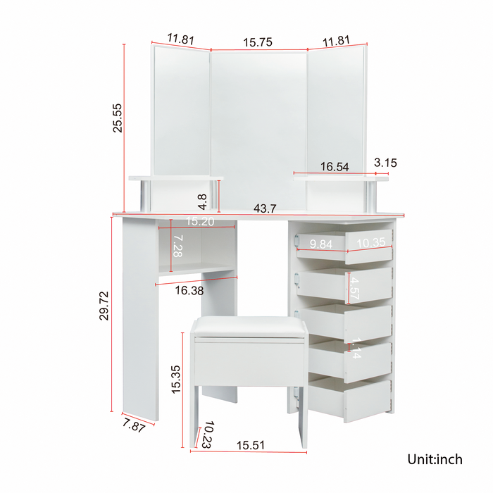 Corner dressing table make up desk with three-fold mirror and 5 rotary drawer Wooden Bedroom Vanity Table (White)