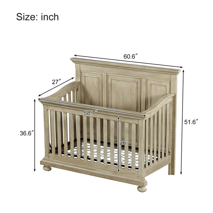 3 Pieces Nursery Sets Traditional Farmhouse Style 4-in-1 Convertible Crib +Dresser with Changing Topper, Stone Gray