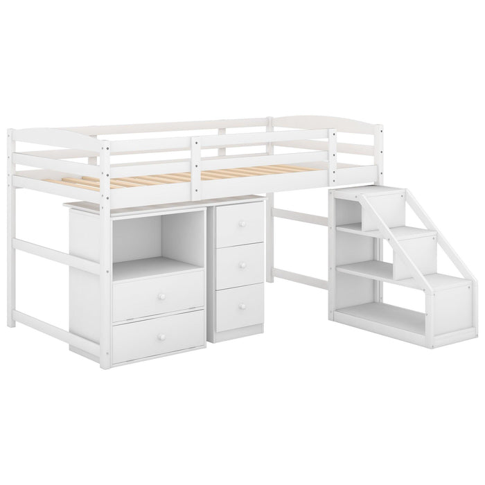 Twin Size Loft Bed with Multifunctional Movable Built-in Desk and and Staircase,White