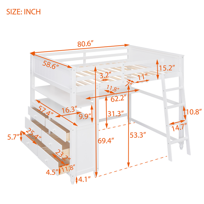 Full size Loft Bed with Drawers and Desk, Wooden Loft Bed with Shelves - White