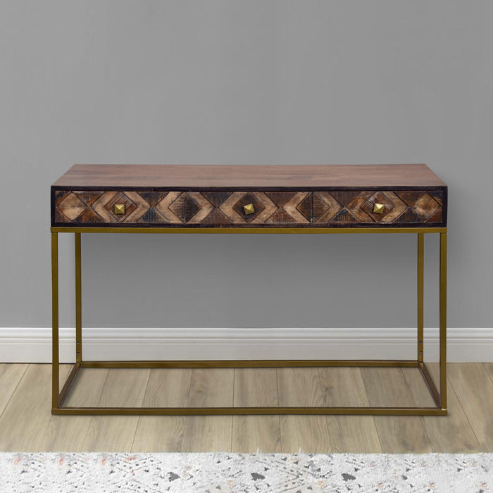 51 Inch 3 Drawer ManWood Console Table, Diamond Textured Panels, Metal Frame, Brown