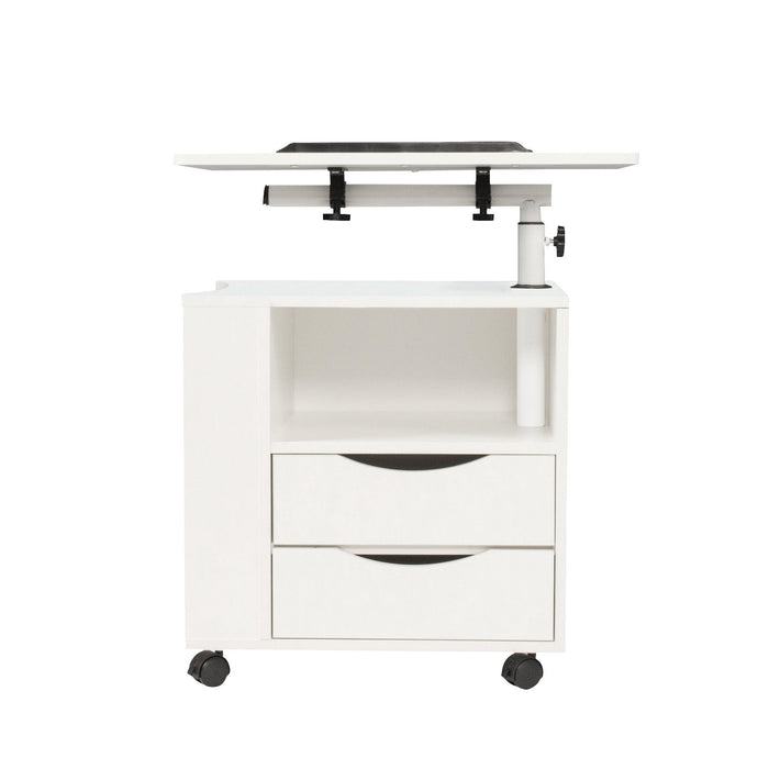 Height Adjustable Overbed End Table Wooden Nightstand with Swivel Top,Storage Drawers, Wheels and Open Shelf,(White)