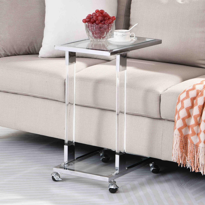 Chrome Glass Side Table, Acrylic End Table, Glass Top C Shape Square Table with Metal Base for Living Room, Bedroom, Balcony Home and Office