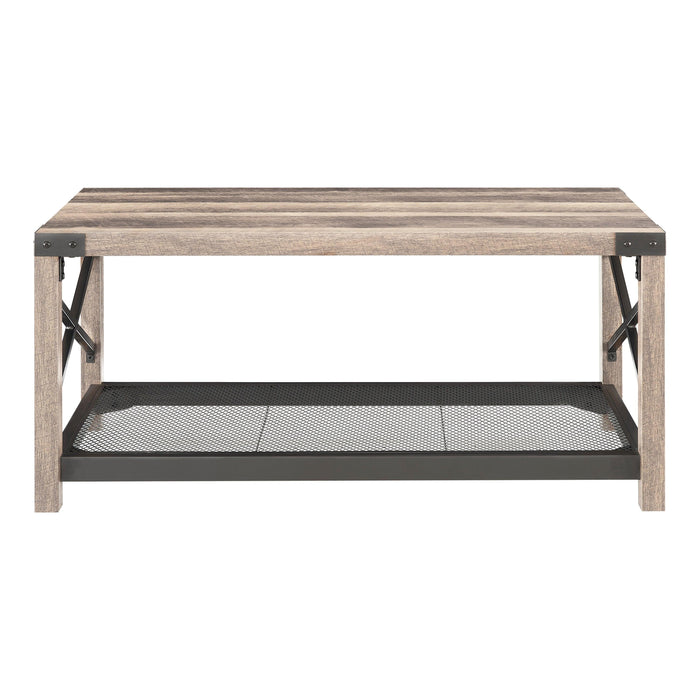 38.82" Farmhouse Coffee Table, 2-Tier Cocktail Table, Center Table with Mesh Shelf, Steel Frame, Corner Protection, Industrial Style, Long Table For Living Room, Grey