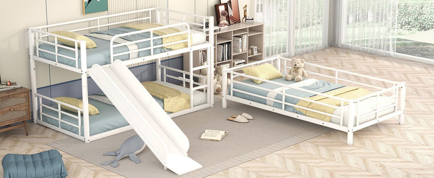 Twin Size Metal Bunk Bed with Ladders and Slide, Divided into Platform and Loft Bed, White