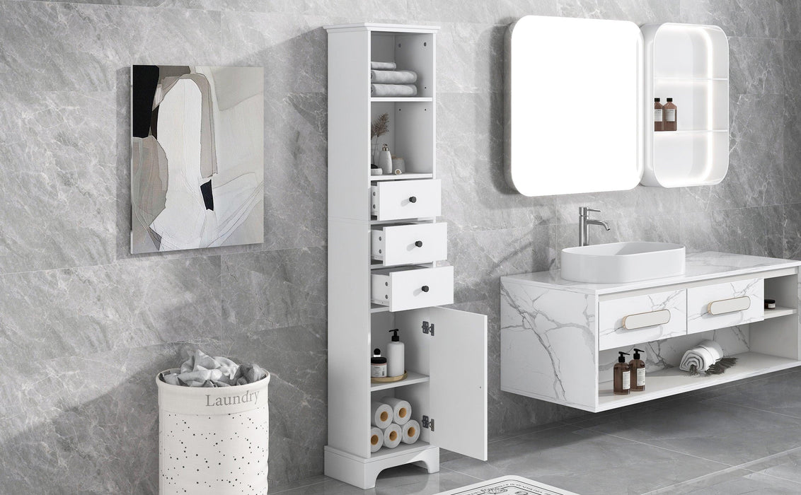 White Tall Bathroom Cabinet, FreestandingStorage Cabinet with 3 Drawers and Adjustable Shelf, MDF Board with Painted Finish