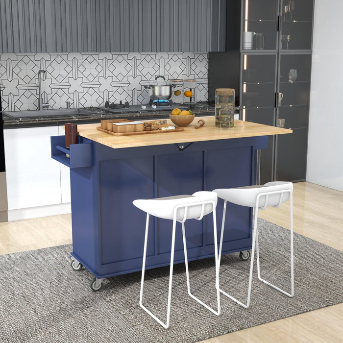 Rolling Mobile Kitchen Island with Drop Leaf - Solid Wood Top, Locking Wheels &Storage Cabinet 52.7 Inch Width（Dark blue）