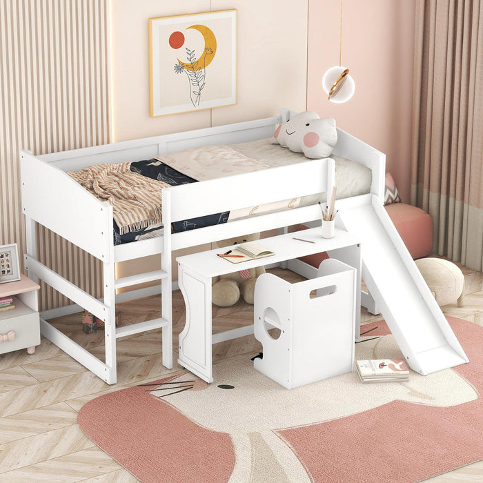 Low Study Twin Loft Bed with Rolling Portable Desk and Chair,Multiple Functions Bed- White