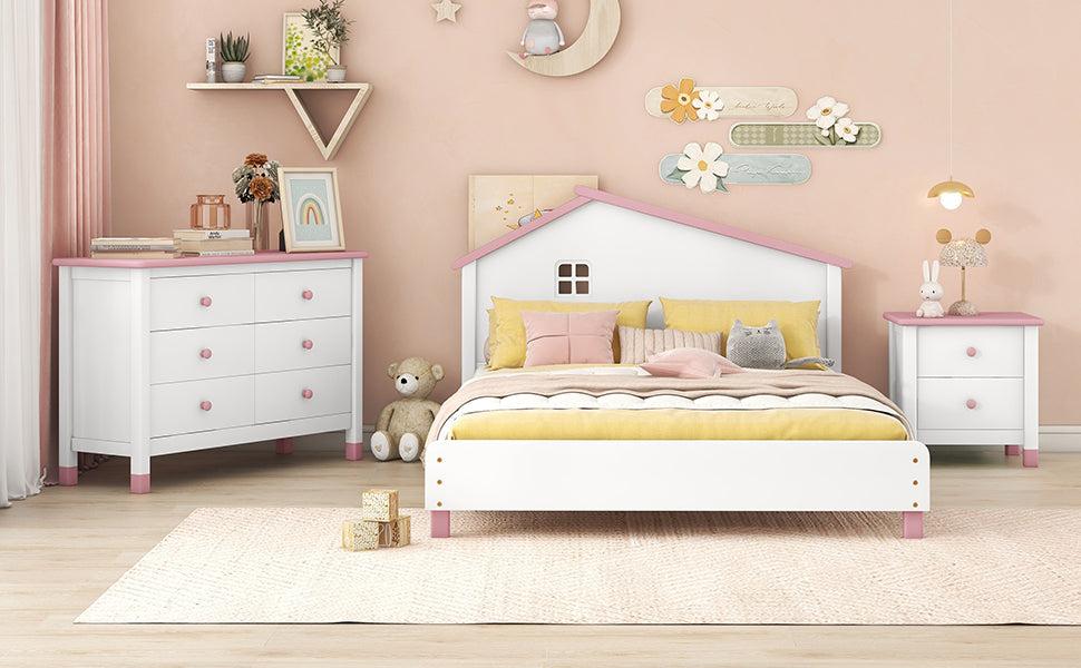 3-Pieces Bedroom Sets Full Size Platform Bed with Nightstand andStorage dresser,White+Pink