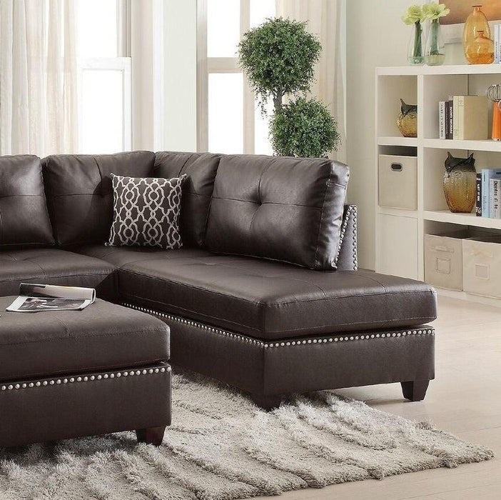 3-pcs Sectional Sofa Espresso Bonded Leather Cushion Sofa Chaise Ottoman Reversible Couch Pillows