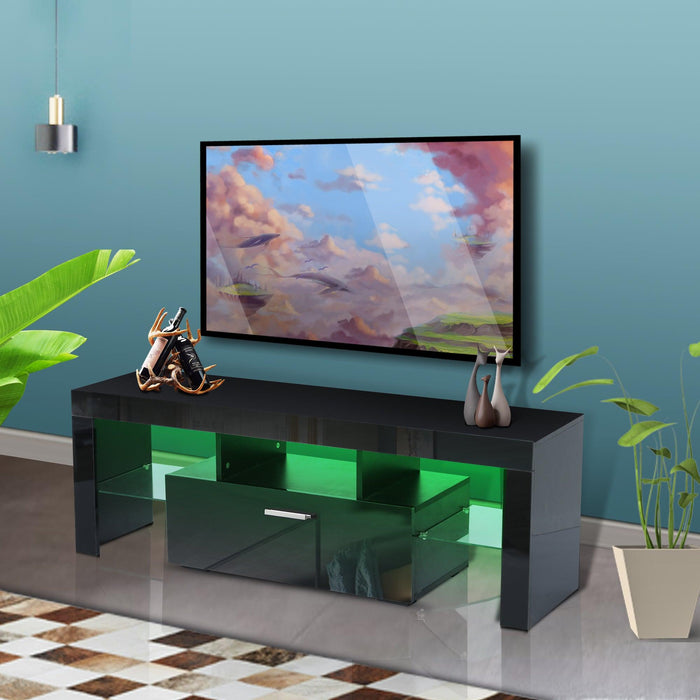 Black morden TV Stand with LED Lights,high glossy front TV Cabinet,can be assembled in Lounge Room, Living Room or Bedroom,color:BLACK