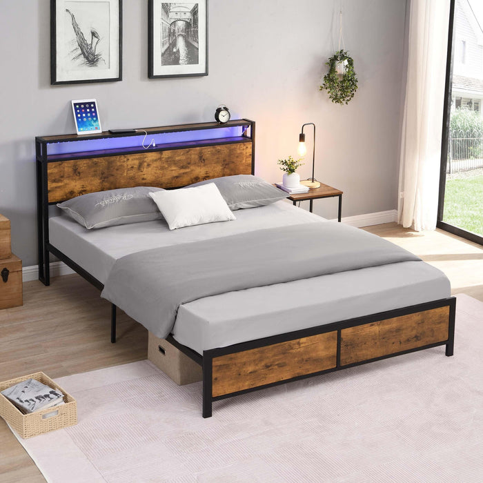 Industrial Queen Bed Frame with LED Lights and 2 USB Ports, Bed Frame Queen Size withStorage, Noise Free, No Box Spring Needed, Rustic Brown