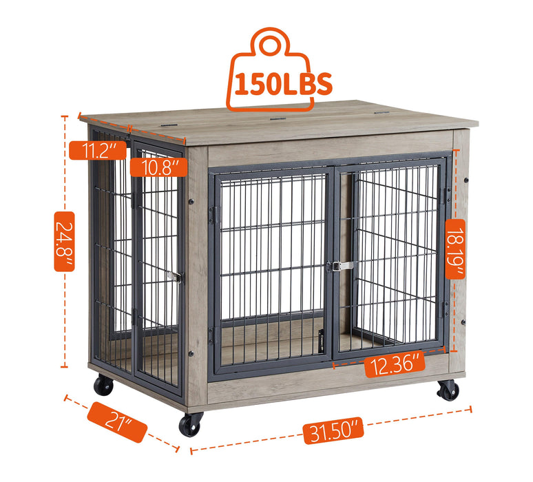 Furniture Style Dog Crate Side Table on Wheels with Double Doors and Lift Top. （Grey,31.50’’W*22.05’’D*25’’H）