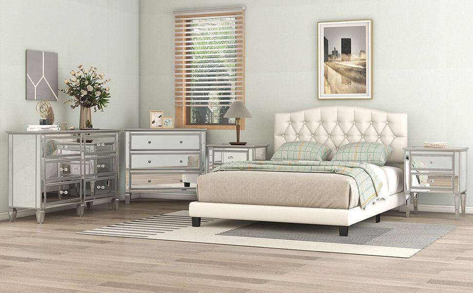 Upholstered Platform Bed with Saddle Curved Headboard and Diamond Tufted Details, King, Beige