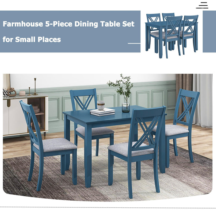 Rustic Minimalist Wood 5-Piece Dining Table Set with 4 X-Back Chairs for Small Places, Blue