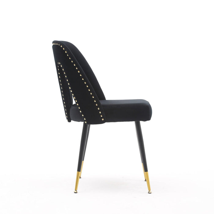 Akoya CollectionModern | Contemporary Velvet Upholstered Dining Chair with Nailheads and Gold Tipped Black Metal Legs,Black，Set of 2