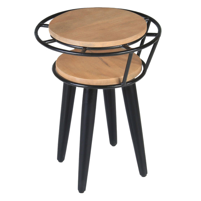 20 Inch Handcrafted Industrial End Table, 2 Tier Round Wood Shelves, Metal Frame, Oak Brown and Black