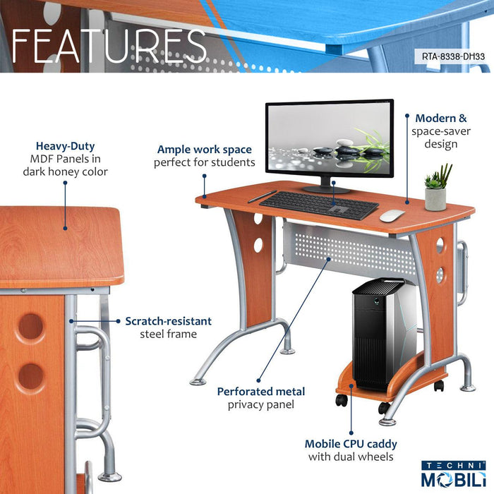 Techni MobiliModern  Computer Desk With Mobile CPU Caddy, Dark Honey