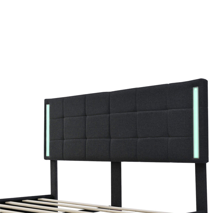 Queen Size Upholstered Platform Bed with LED Lights and USB Charging,Storage Bed with 4 Drawers, Dark Gray