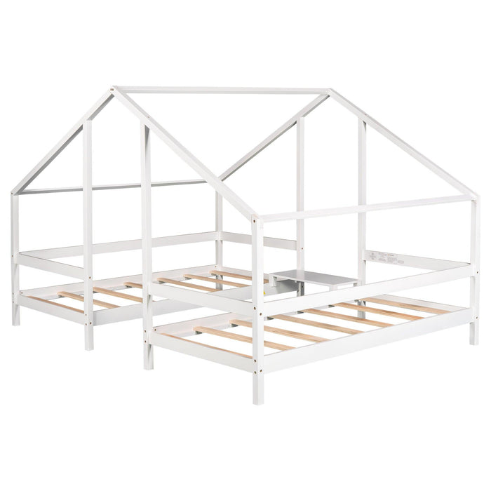 Double Twin Size Triangular House Beds with Built-in Table,White