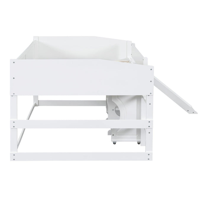 Low Study Full Loft Bed with Rolling Portable Desk and Chair,Multiple Functions Bed- White