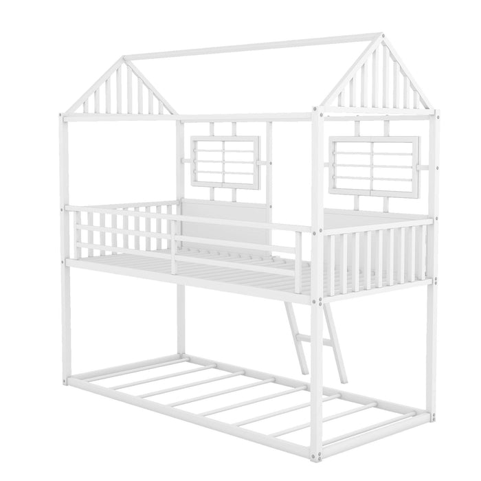 Twin over Twin Size Metal Low Bunk Beds with Roof and Fence-shaped Guardrail, White