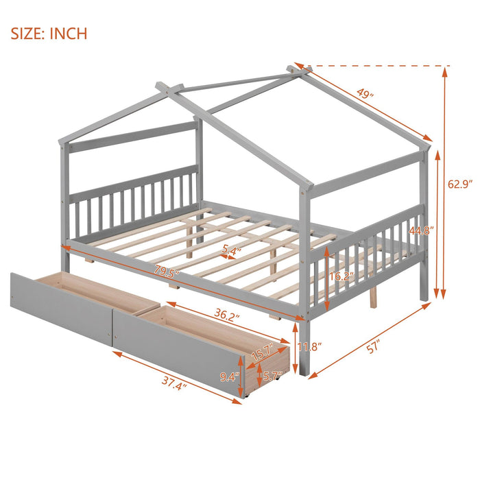 Full Size Wooden House Bed with Drawers, Gray