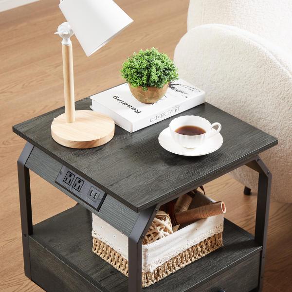 End table Side table with Charging Station,sofa side table with drawers, bedside table for bedroom.(Dark grey,17.3’’W*17.9’’D*21.2’’H)