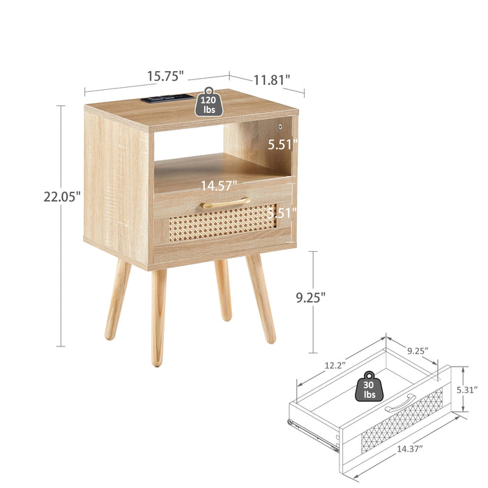 15.75" Rattan End table with Power Outlet  & USB Ports ,Modern nightstand with drawer and solid wood legs, side table for living roon, bedroom,natural