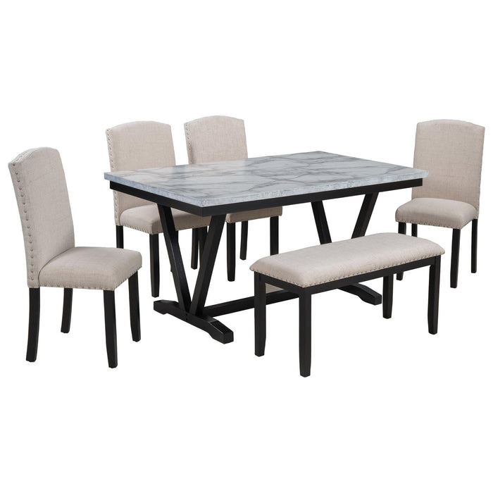 Modern Style 6-piece Dining Table with 4 Chairs & 1 Bench, Table with Marbled Veneers Tabletop and V-shaped Table Legs (White)