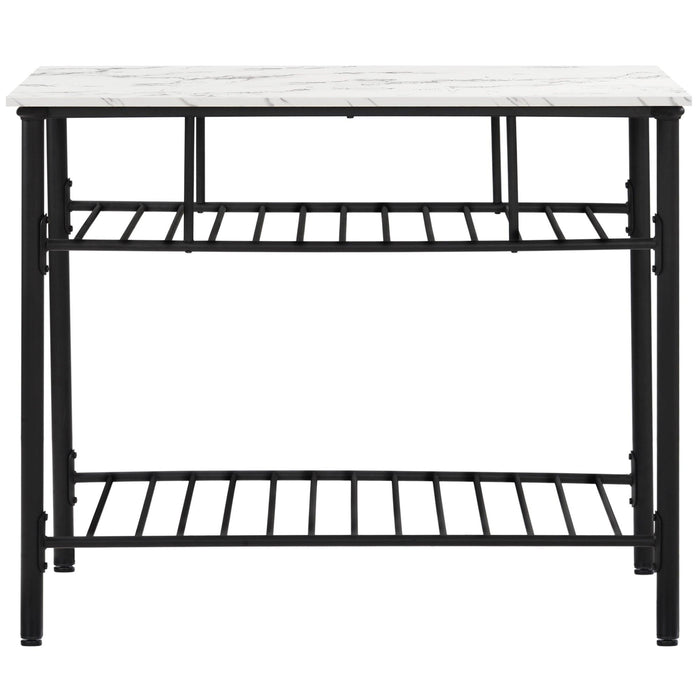 Rustic Farmhouse Counter Height Dining Kitchen Kitchen Island Prep Table, KitchenStorage Rack with Worktop and 2 Shelves,Faux-Marble, White