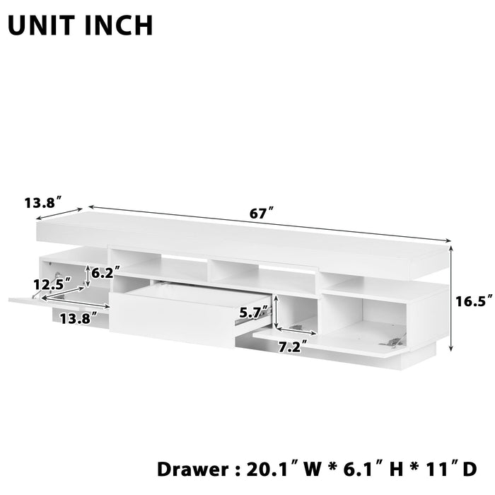 TV Stand with 4 Open Shelves,Modern High Gloss Entertainment Center for 75 Inch TV, Universal TVStorage Cabinet with 16-color RGB LED Color Changing Lights, White