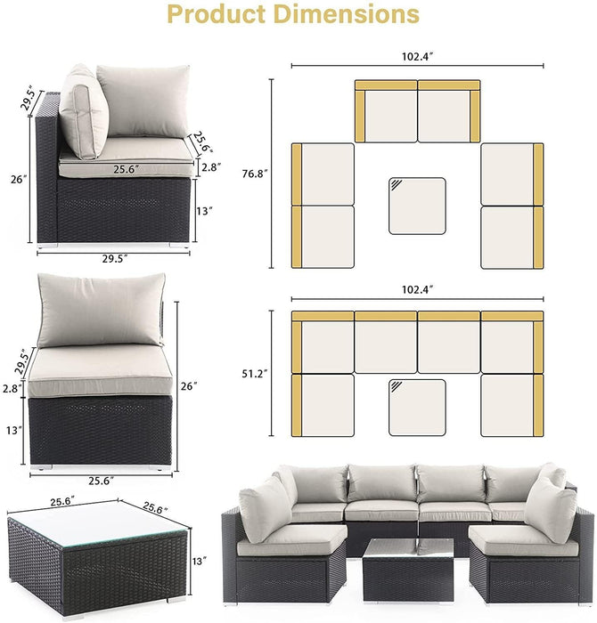 Outdoor Patio Furniture, 7 Pieces Outdoor Sectional PE Rattan Wicker Patio Furniture Sets, All Weather Backyard Conversation Seat with Cushion and Glass Coffee Side Table (Beige)