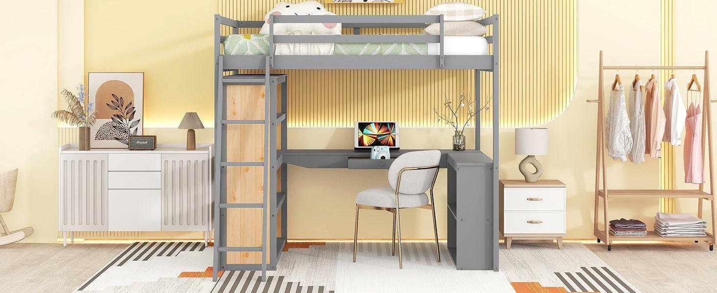 Full Size Loft Bed with Ladder, Shelves, and Desk, Gray