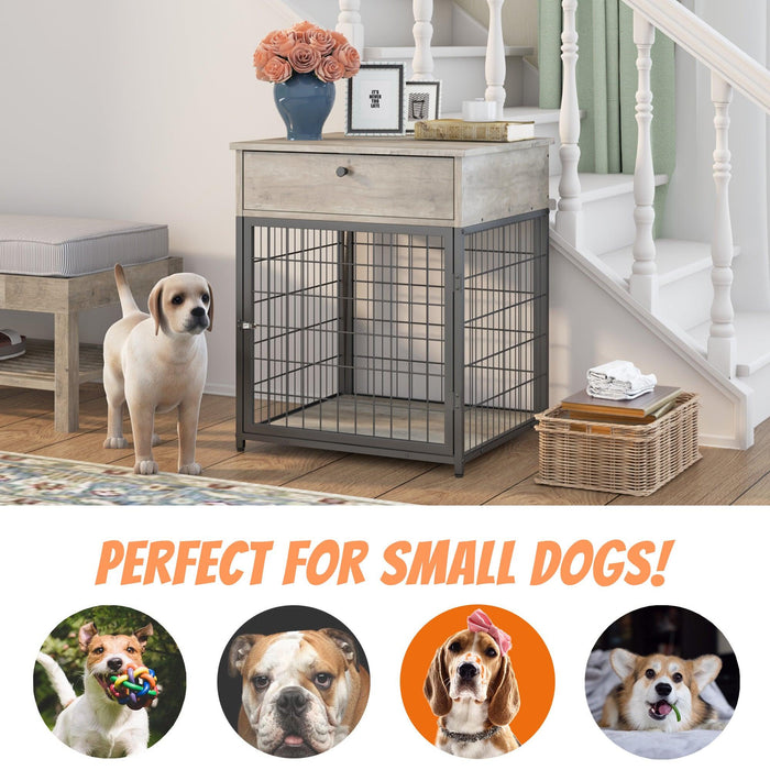 Furniture Style Wood Dog Crate End Table withStorage Console（Grey,19.69''w x 22.83''d x 26.97''h）